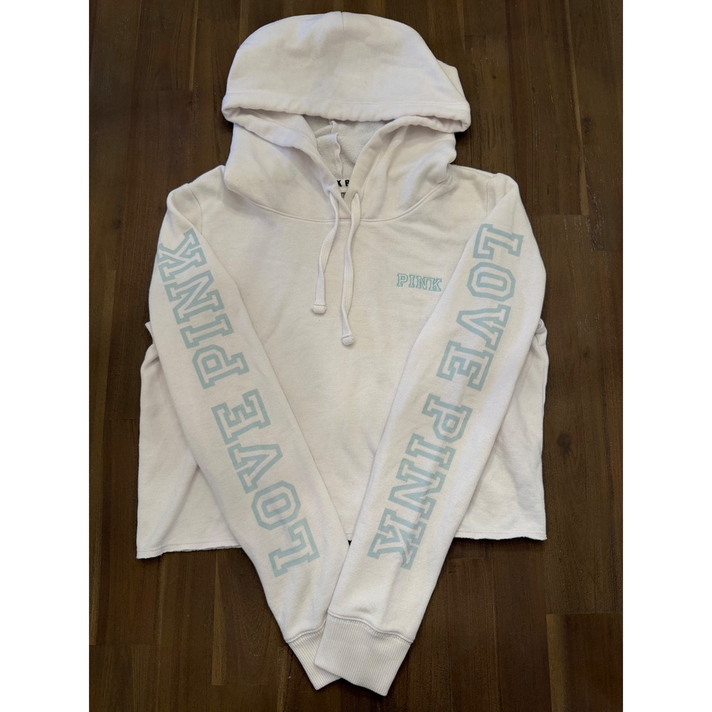 Victorias Secret PINK Cropped Hoodie‎ White Blue Love Pink Sleeve Graphic Size M